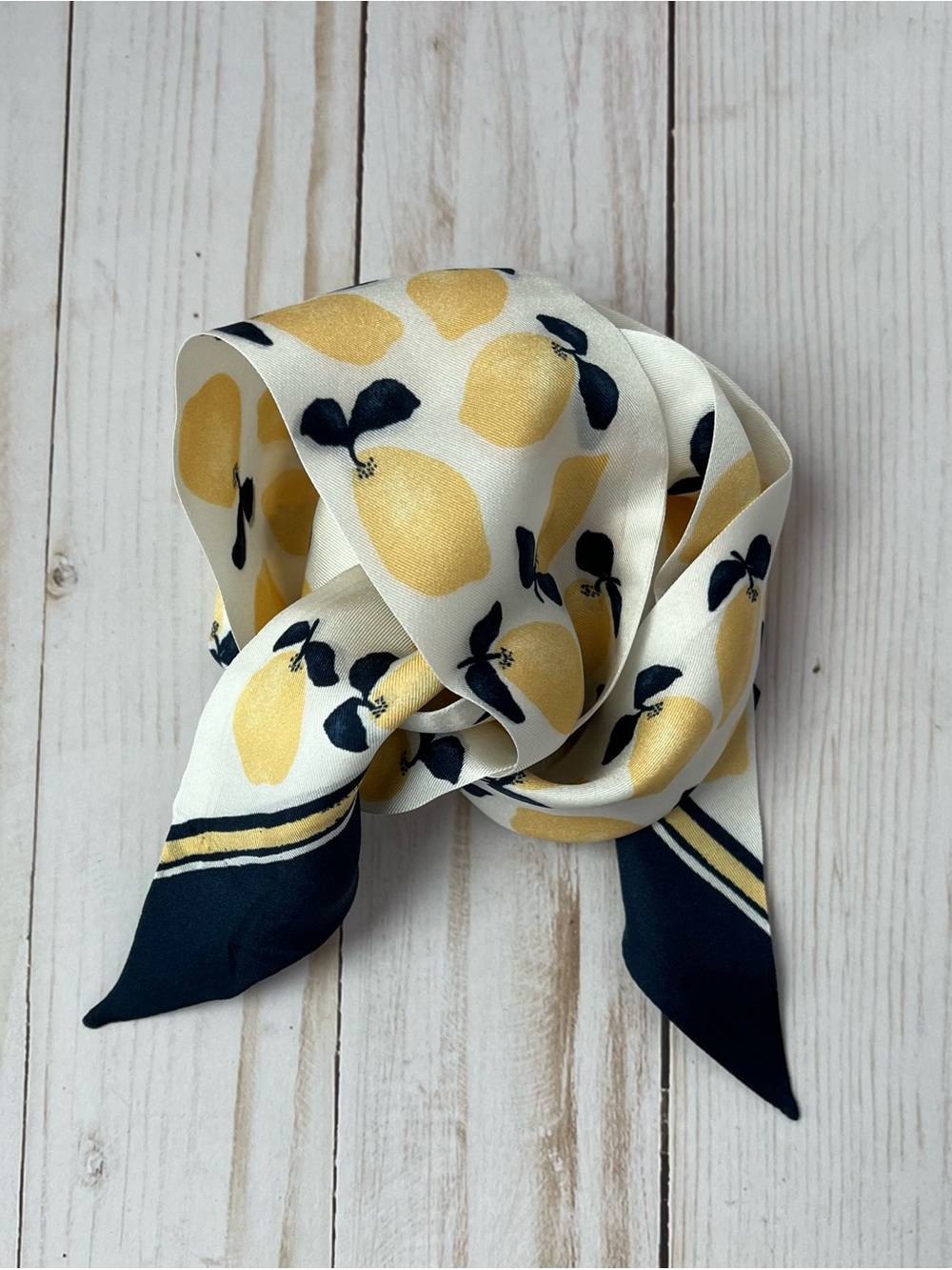 LOFT Yellow Lemon Print Silk Scarf with Navy Accents